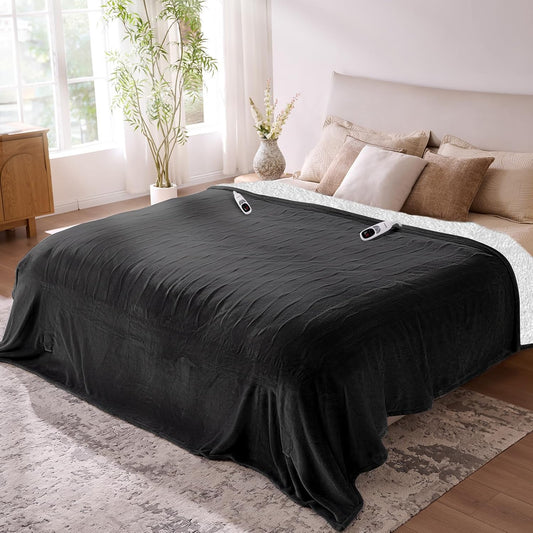 Electric Blanket King- Heated Blanket Super Soft, Dual Control & 9 Heat Settings Heating, 10 Hours Auto Off, Soft Flannel to Sherpa, Fast Heating Electric Throw, Machine Washable, 90" x 100''- Black