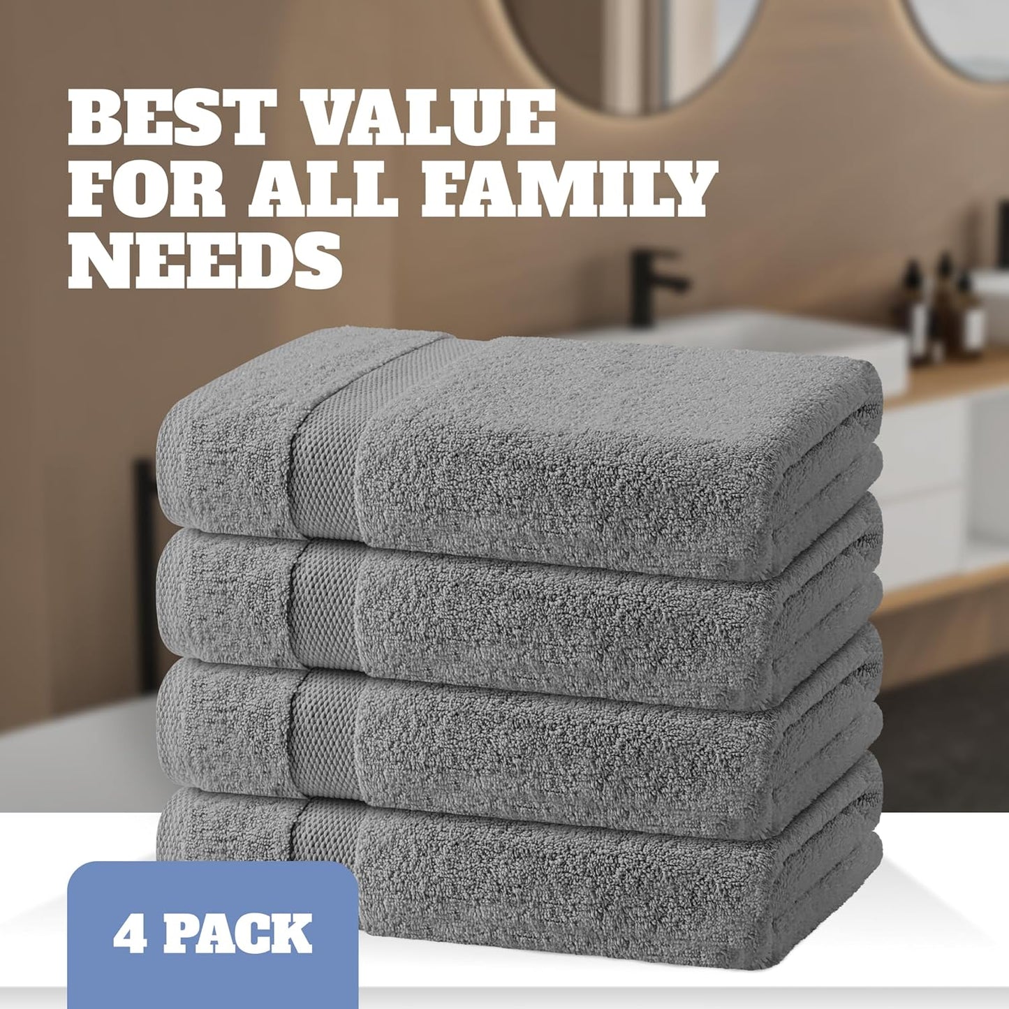 White Classic Light Gray Bath Towels 27x54 Inch, Cotton Towel Set for Bathroom, Hotel, Gym, Spa, Soft Extra Absorbent Quick Dry 4 Pack