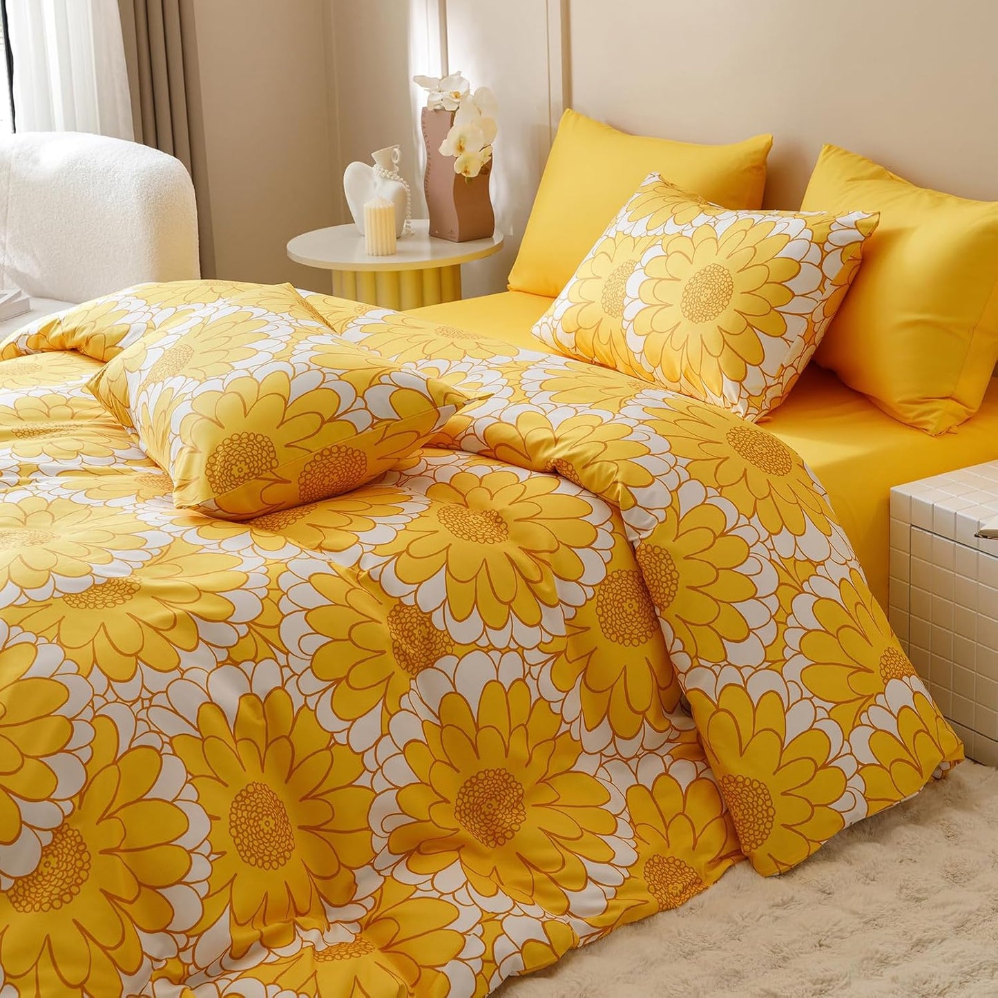 KAREVER Yellow Sunflower Comforter Set Full Size Yellow Sunflower Bedding Set 3 PCs Comforter Set Full Size Fluffy Linen Comforter Sets