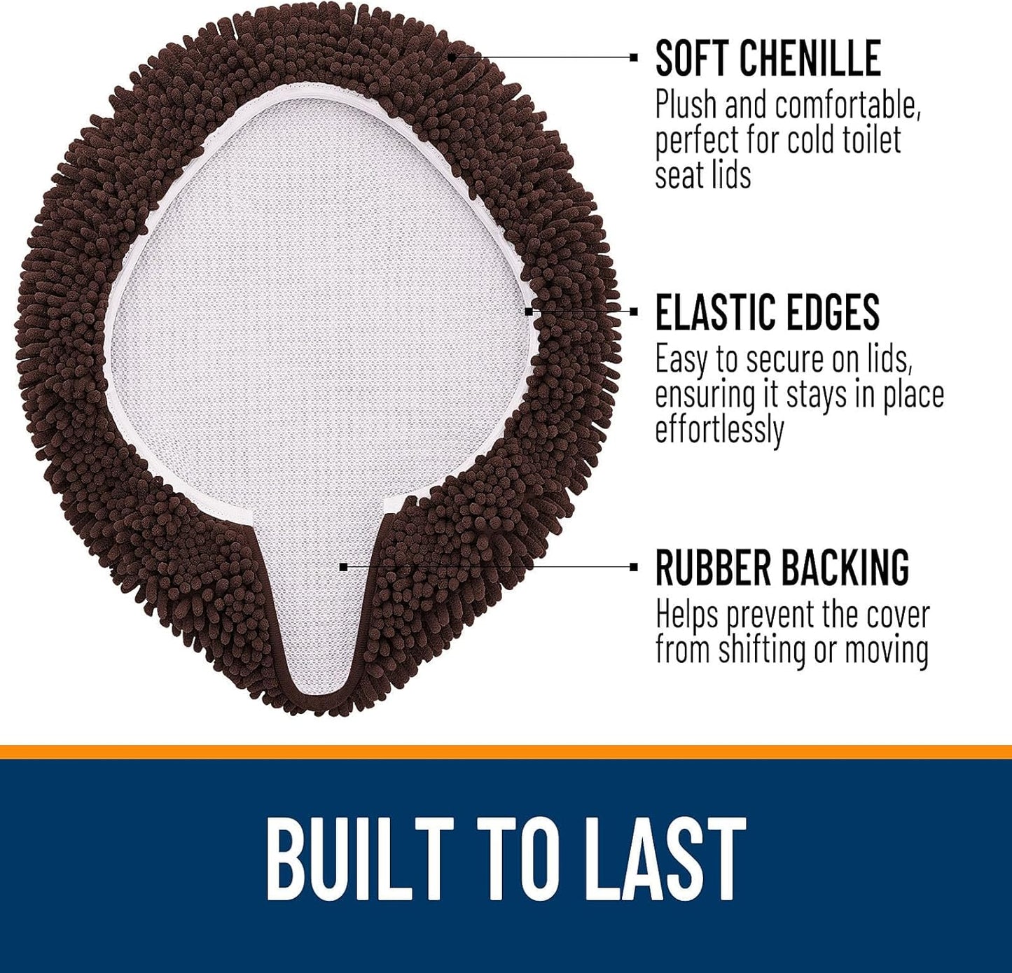OLANLY Soft Chenille Bathroom Toilet Lid Cover, Machine Washable Seat Covers, 17.5x15, Stays in Place with Rubber Backing, Fits Most Round, Elongated and Oblong Lids, Bathroom Accessories Decor, Brown