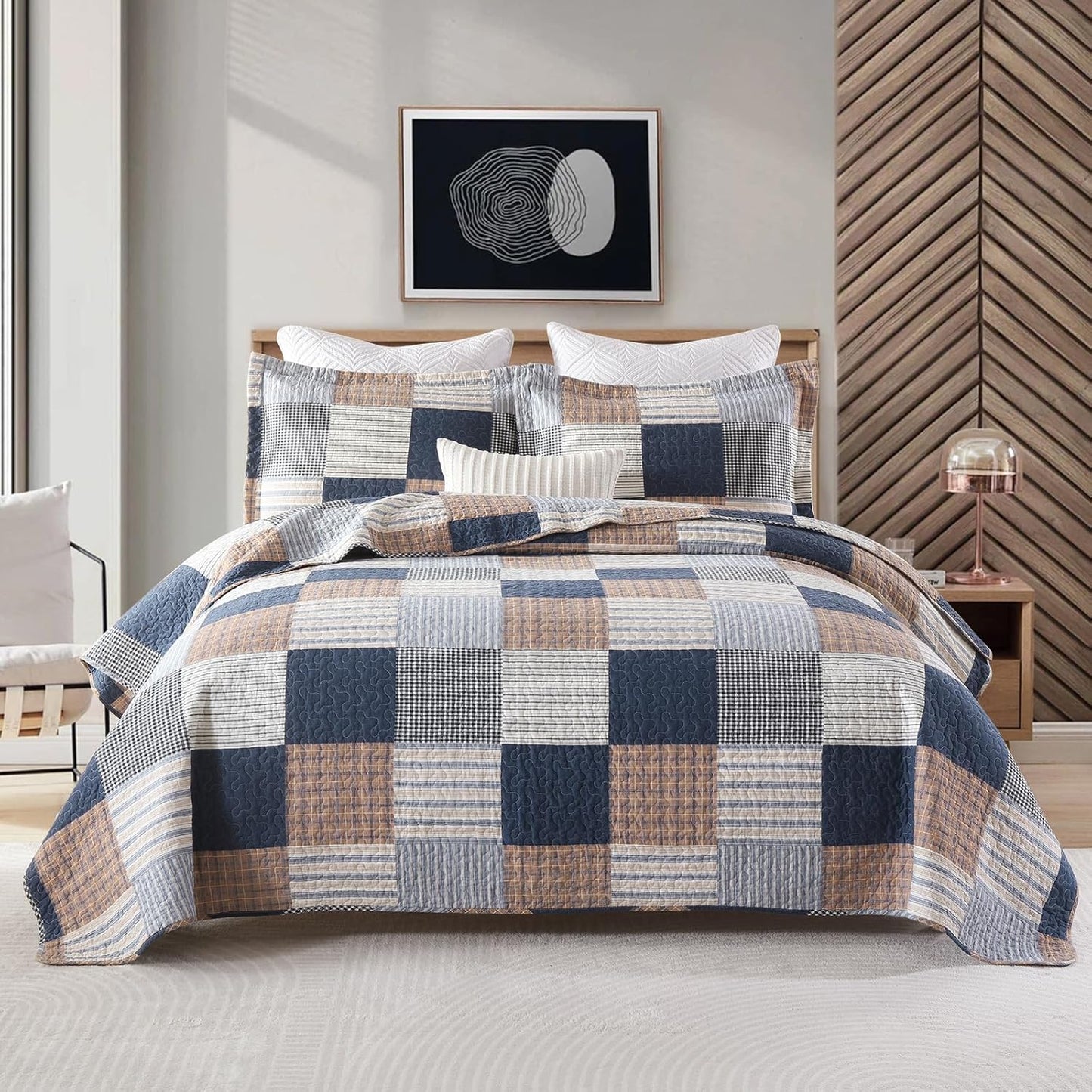 Uniclinens Plaid Quilt Set Queen Size, 100% Cotton Patchwork Plaid Quilt Bedding Set Bedspreads, Farmhouse Lightweight Comforter Quilted Quilt, 3 Pieces Set with 2 Pillowshams, Navy/Brown/White