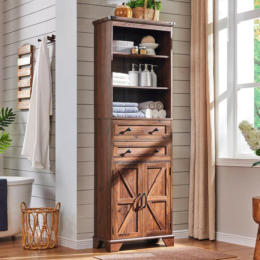 ACCOHOHO 72" Tall Bathroom Storage Cabinet, Farmhouse Storage Cabinet with Adjustable Shelves, Barn Door & 2 Drawers, Cabinet for Bathroom, Living Room & Kitchen, Brown