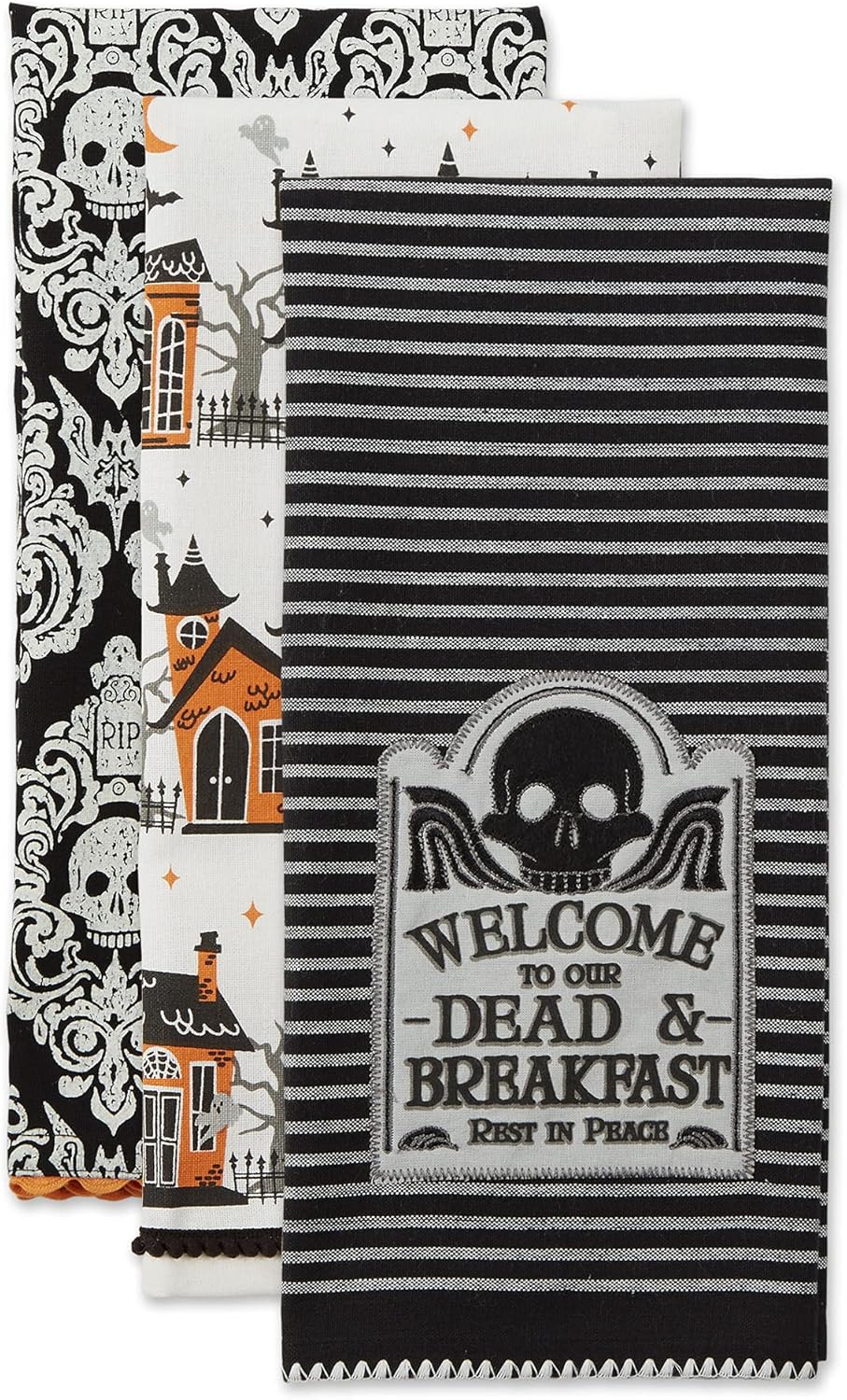 DII Happy Halloween Dishtowel Collection Embellished Cotton Kitchen Hand Towel Set, 18x28, Skull Damask/Haunted House, 3 Count