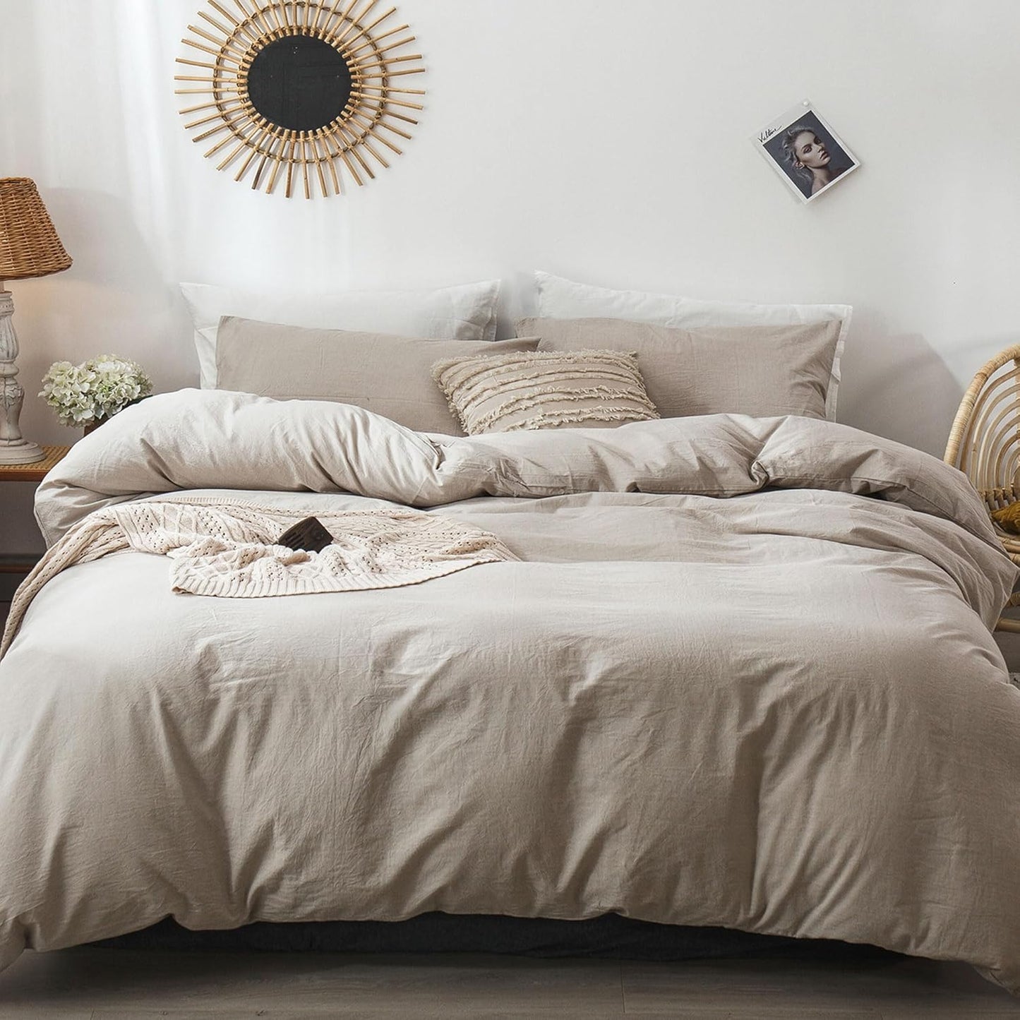 MooMee Bedding Duvet Cover Set 100% Washed Cotton Linen Like Textured Breathable Durable Soft Comfy (Heathered Tannish Linen Grey, Super King 108"x98")