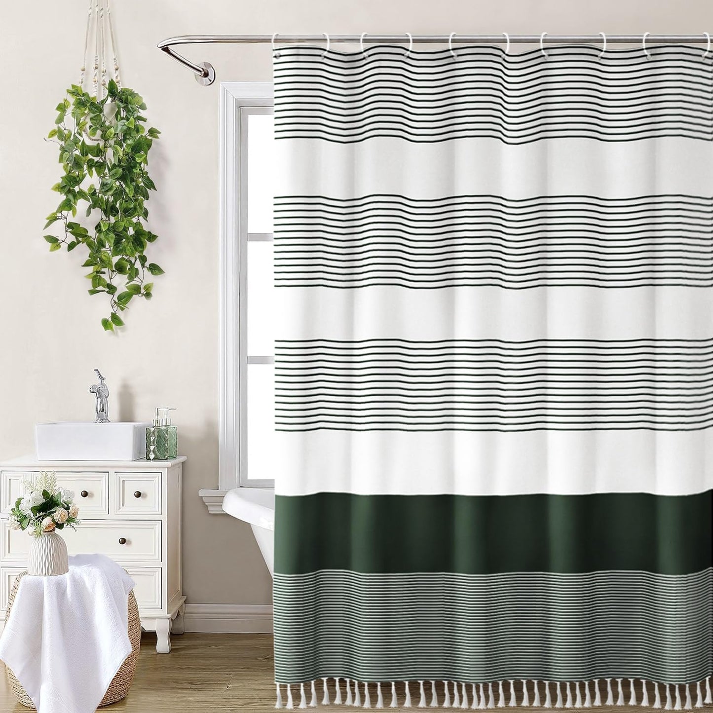 Awellife Dark Green Shower Curtain for Bathroom Boho Stripe Shower Curtain with Tassel 72 X 72 Inches Farmhouse Cotton