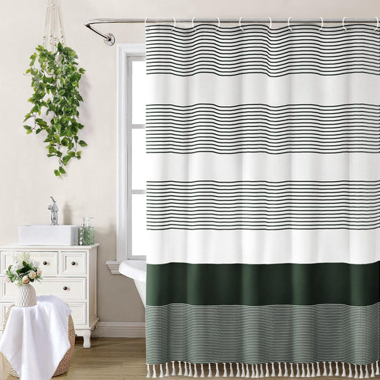 Awellife Dark Green Shower Curtain for Bathroom Boho Stripe Shower Curtain with Tassel 72 X 72 Inches Farmhouse Cotton