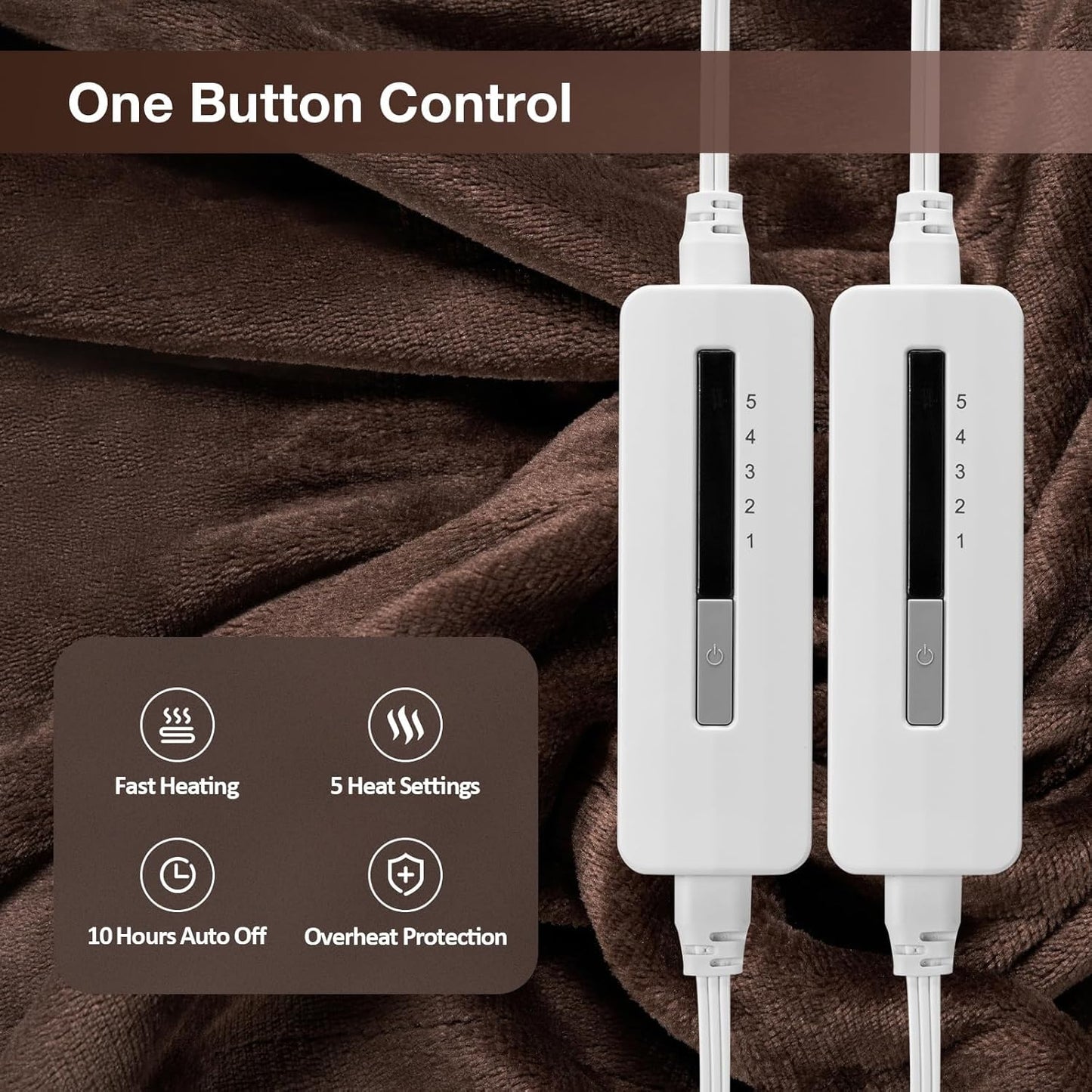 Electric Heated Blanket Queen Size 84"x 90",Dual Control Super Cozy Soft Warm with 5 Heat Levels &10 Hours Auto Off, Home Office Use & Machine Washable, Dark Brown