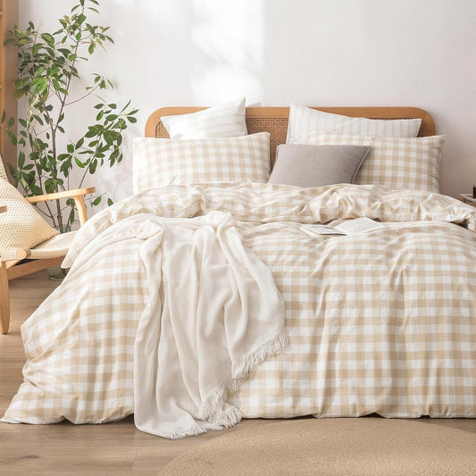 BESTOUCH Duvet Cover Set 100% Washed Cotton Linen Feel Super Soft Comfortable Chic Lightweight 3 PCs Home Bedding Set Almond Grey & White Grid King