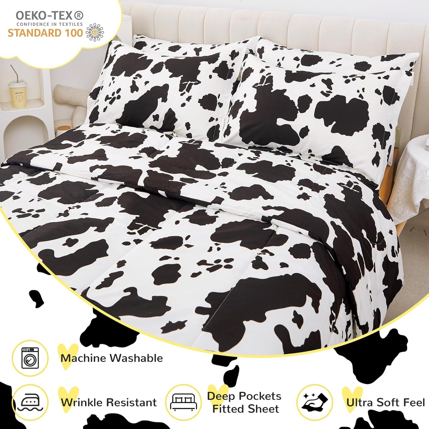 Viviland Kids Full Bedding Sets for Girls, Boys Soft Full Comforter Set with Sheets, 7 Pieces Microfiber Bed in a Bag, Cow Animal