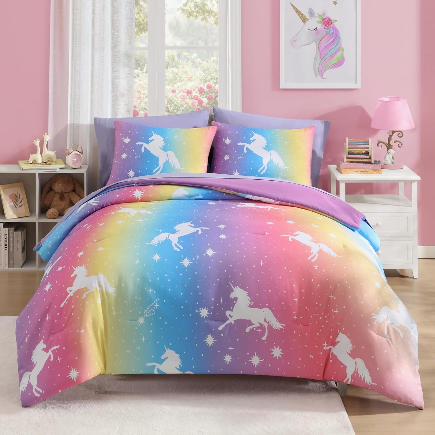 Twin Comforter Set for Girls-5 Pieces Rainbow Unicorn Twin Bedding Sets for Kids, Ultra Soft Bed in A Bag with Sheets