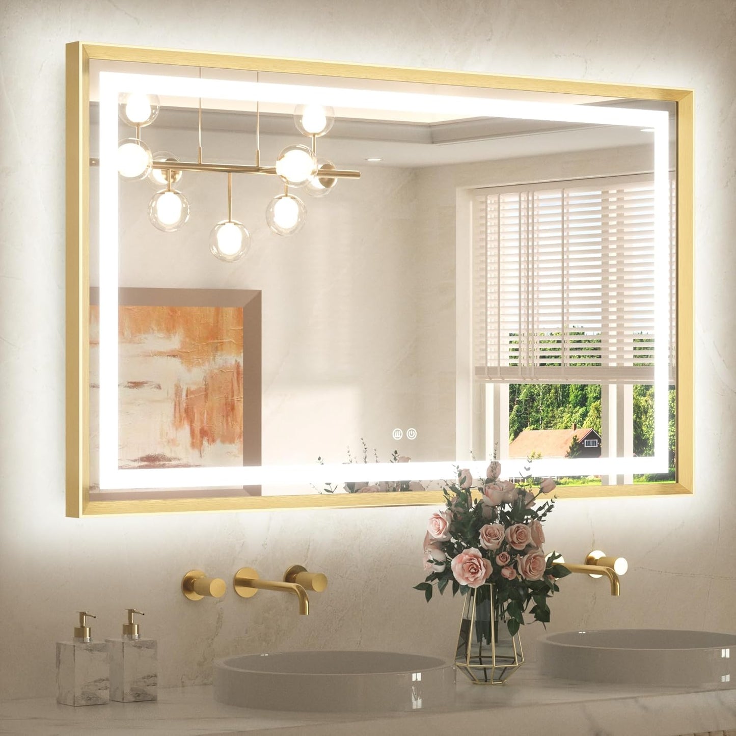 TETOTE 48 x 30 Bathroom Mirror Brushed Gold Metal Frame Frontlit & Backlit Vanity Mirror 3 Colors White/Warm/Natural Stepless Dimmable Anti-Fog Bathroom Mirrors for Vanity Wall-Mounted