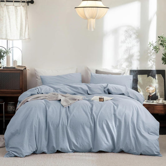 FOSSA Duvet Cover Set 100% Washed Cotton Linen Feel Super Soft Breathable Cozy 3 Pieces Bedding Sets Solid Cornflower Blue Super King