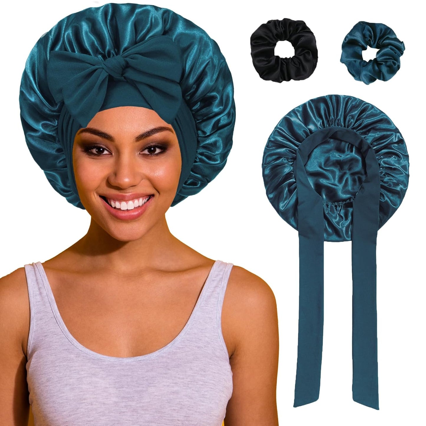 Bonnet with Tie Band, Satin Hair Silk Bonnet for Sleeping Women, Sleep Bonnets for Women, Double Layer Sleep Cap for Curly Hair Braids