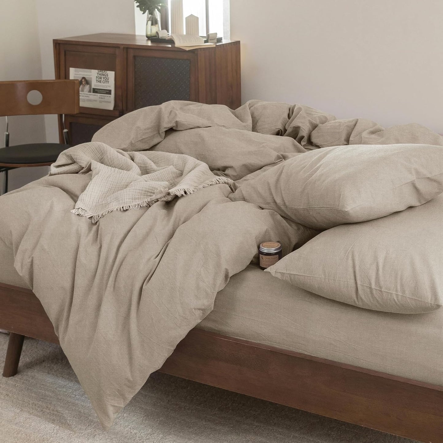 FOSSA Duvet Cover Set 100% Washed Cotton Linen Feel Super Soft Breathable Cozy 3 Pieces Bedding Sets Solid Tannish Linen Grey Oversized Queen