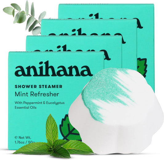 ANIHANA Shower Steamers 4 Pack with Peppermint and Eucalyptus Essential Oils, Paraben Free, Cruelty Free, Mint Refresher Scent, 1.76 oz Each