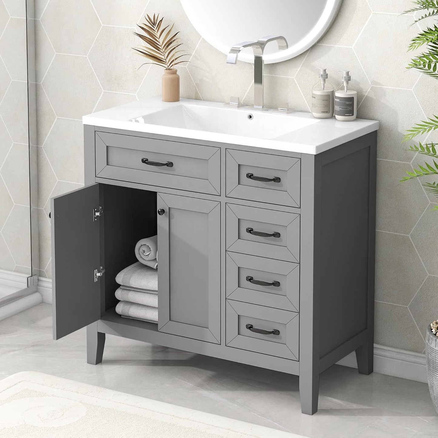 Favfurish 36" Bathroom Vanity with Sink Combo,Bathroom Vanity Cabinet with Two Soft-Closing Doors and Four Drawers,Free Stading Vanities w/Modern Design,for Bathroom,Easy Assembly,Grey