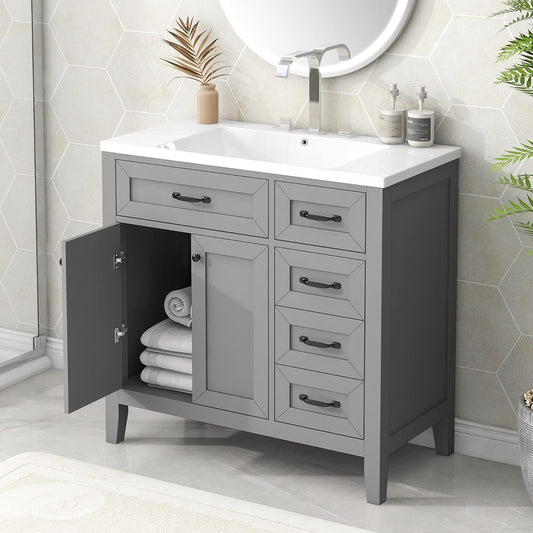 Favfurish 36" Bathroom Vanity with Sink Combo,Bathroom Vanity Cabinet with Two Soft-Closing Doors and Four Drawers,Free Stading Vanities w/Modern Design,for Bathroom,Easy Assembly,Grey