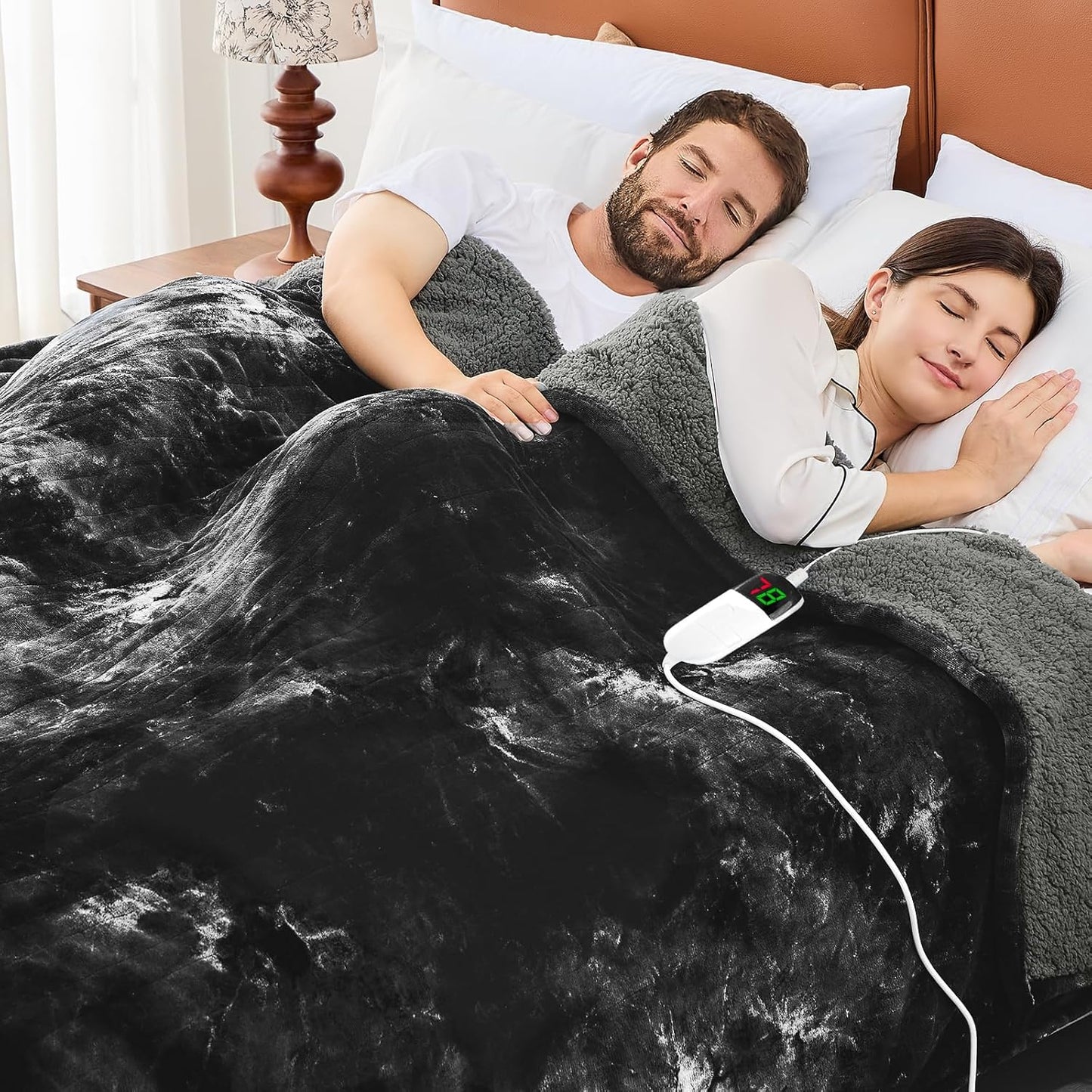 greenoak Heated Electric Blanket Full, Faux Fur Sherpa Heating Blanket for Sofa Bed, Warm Winter Gifts for Women/Men, Heater Lap Blankets 5-Position Timer &10 Heating Levels 72''*84" Black