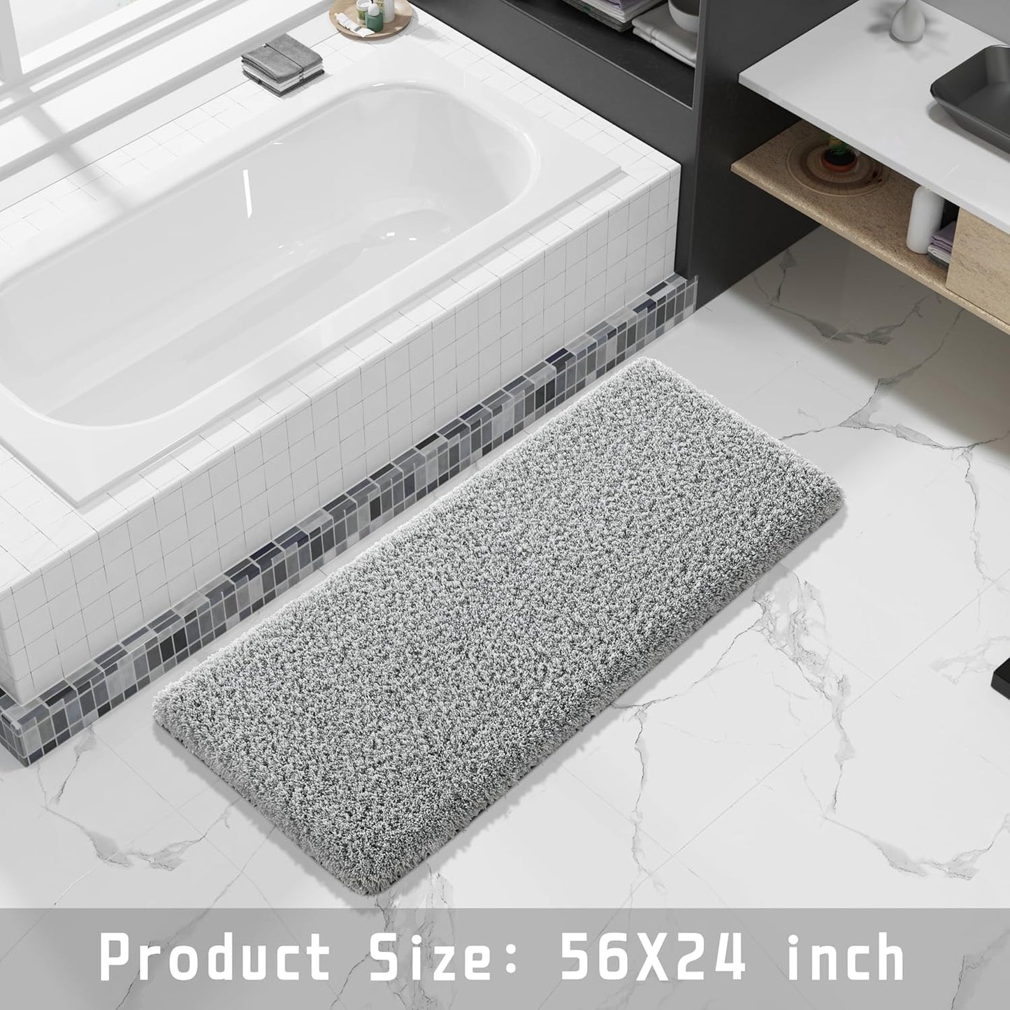 Yimobra Fluffy Plush Bath Rug, Super Shaggy Soft Comfortable Non Slip, Water Absorbent Microfiber Bath Mat, Dries Quickly, Machine Washable Thick Bathroom Rugs for Shower, 56"x 24", Pure Gray