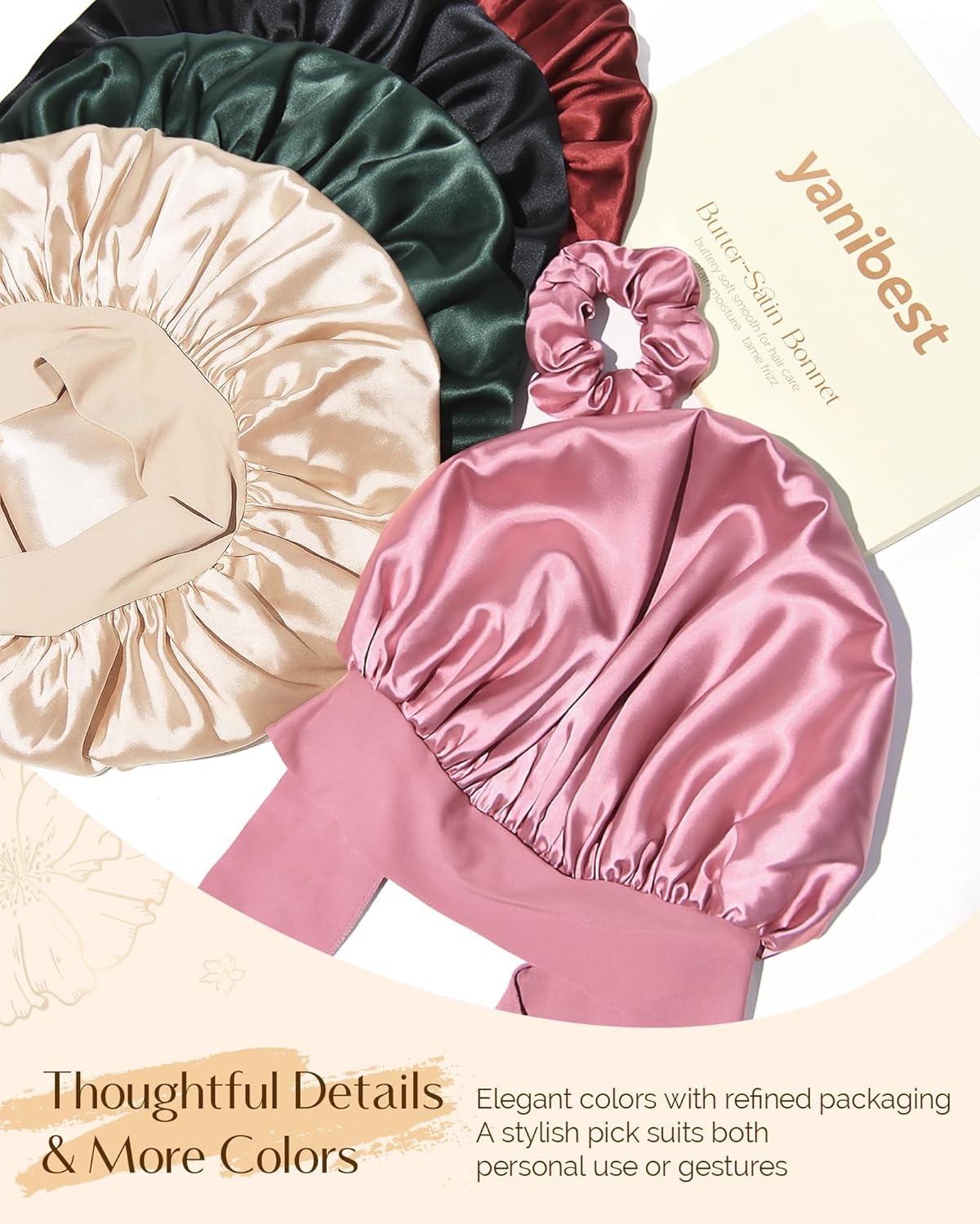 YANIBEST Silk Hair Bonnet for Sleeping, Double Layer Hair Bonnet with Elastic Tie Band for Curly Natural Hair Reduce frizz