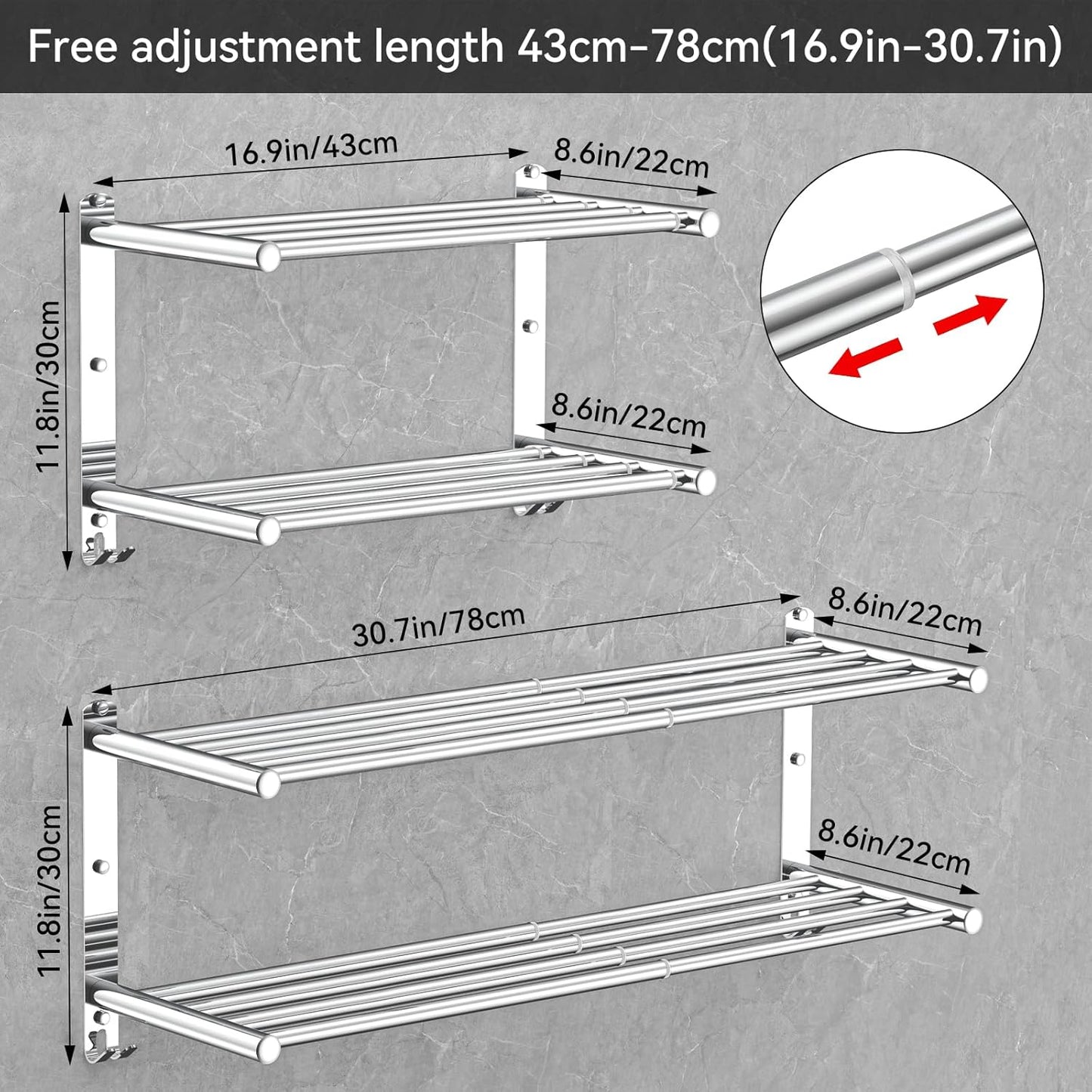 Adjustable Towel Bar for Bathroom Wall Mount17-30.7inch Adhesive Shower Towel Rack Stainless Steel Bath Towel Holders for Toilet Kitchen Double Towel Hanger (Double Towel Rack)