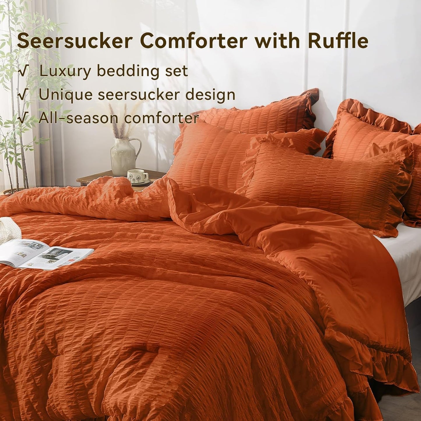 JOLLYVOGUE King Comforter Set, 3 Pieces Seersucker Comforters King Size, Lightweight & Fluffy Bedding Sets King for All Season with 1 Ruffle Comforter and 2 Ruffle Pillowshams, Burnt Orange