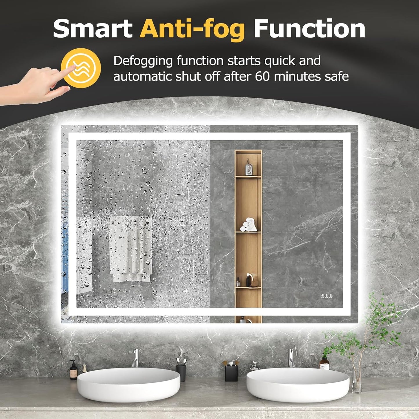 60X40 LED Bathroom Mirror with Lights, Anti-Fog, Dimmable, Backlit + Front Lit, Smart Bathroom Vanity Mirror, Memory Function, Shatterproof, Tempered Glass (Horizontal/Vertical)