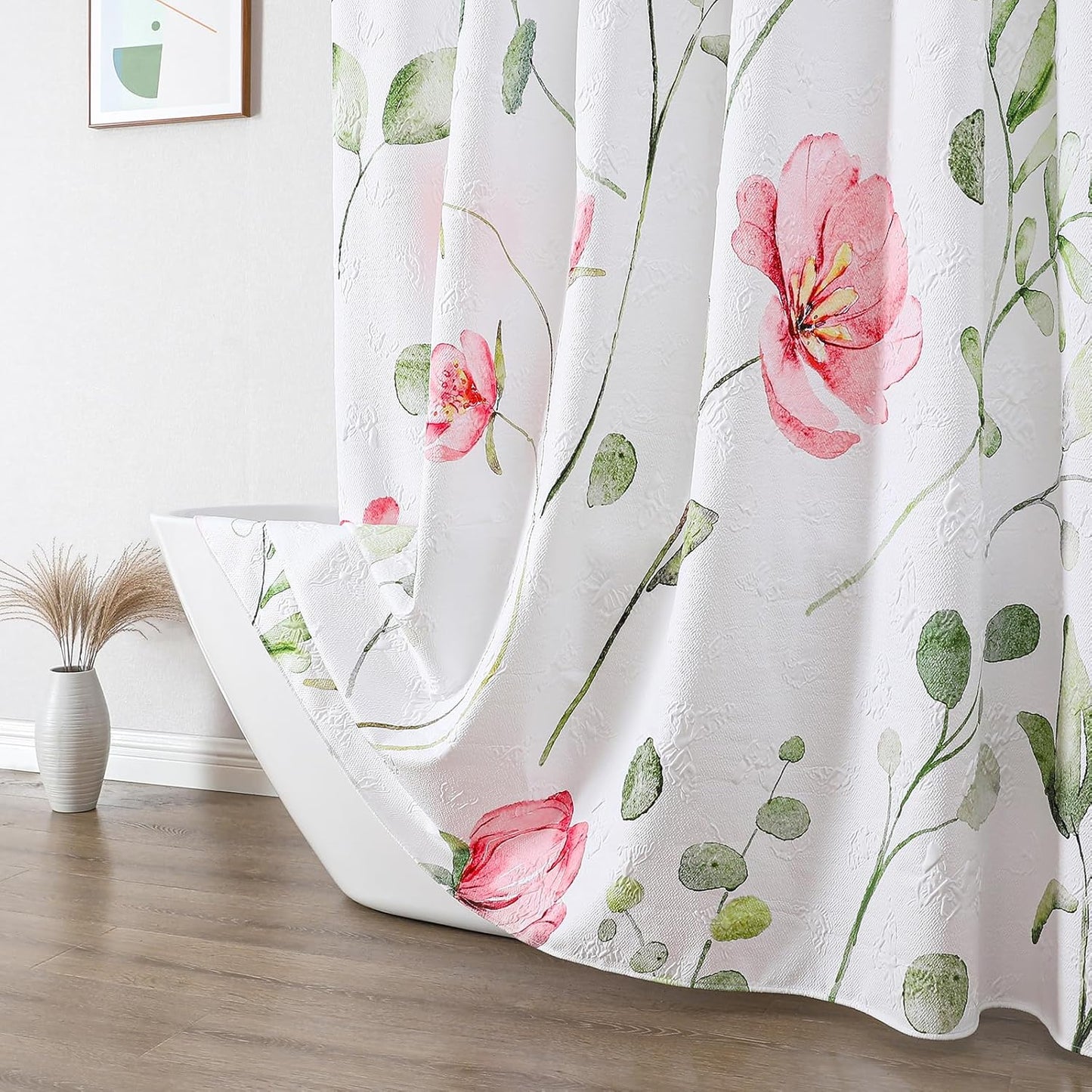 QiyI Watercolor Floral Shower Curtain, 3D Embossed Butterflies Pink Flower Bathroom Curtains, Minimalist Farmhouse Bath Curtain, Waterproof Fabric Green Leaves Shower Curtain Set with Hooks, 72x72