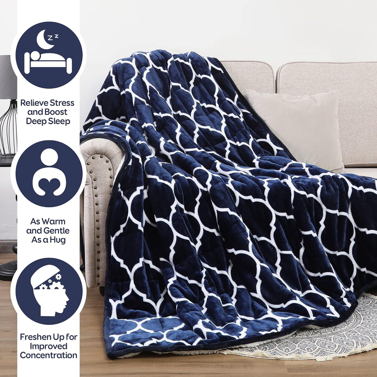 Cottonblue Morocco Fashion Print Weighted Blanket 15lbs, Sherpa Fleece Weighted Blanket for Adult, Dual Sided Fluffy Fuzzy Plush Thick Throw Blanket for Sofa Bed, 60x80 inches, Navy Blue