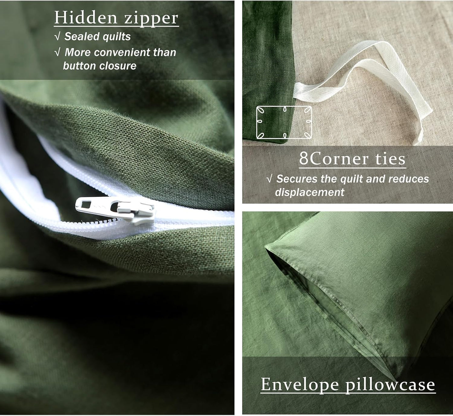 XZ XIFA Green Linen Duvet Cover King, 100% Washed French Flax Linen Bedding with Zipper Closure, Cooling for Hot Sleepers, Textured Bed Sets - 1 Duvet Cover and 2 Pillowcases.