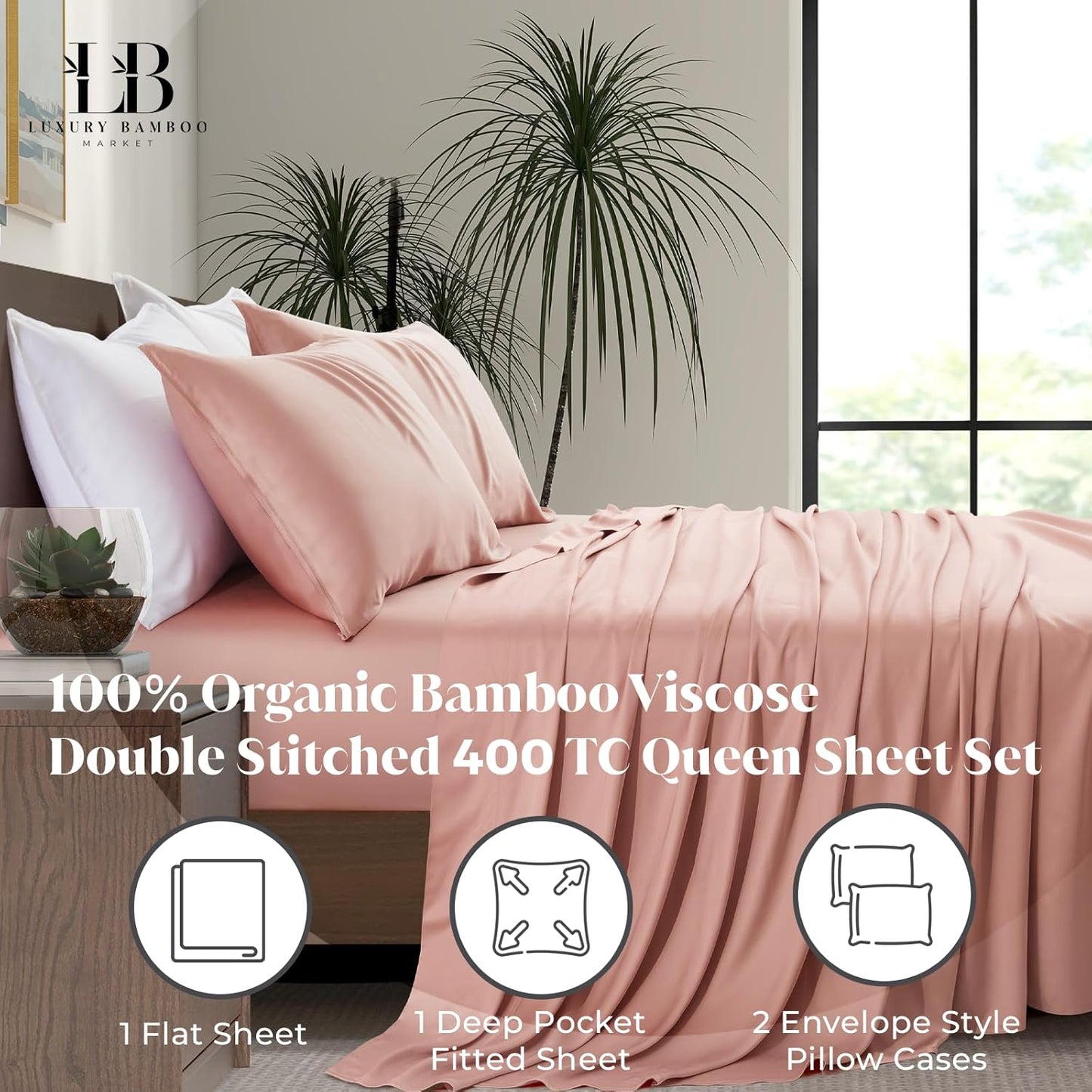 Luxury Bamboo Market | Queen Size Bed Sheet Set | 100% Viscose Made from Bamboo | Organically Grown | Ultra Soft | Cooling Sheets for Hot Sleepers | 17" Deep Pocket [Rose Quartz]