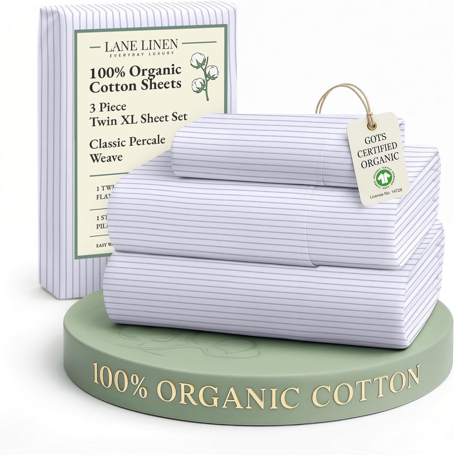 LANE LINEN 100% Organic Cotton Twin XL Sheets Set 3-Piece Pure Percale Bedsheets Bedding Breathable Fits Mattress Upto 15" Deep - Blue Ticking Stripe