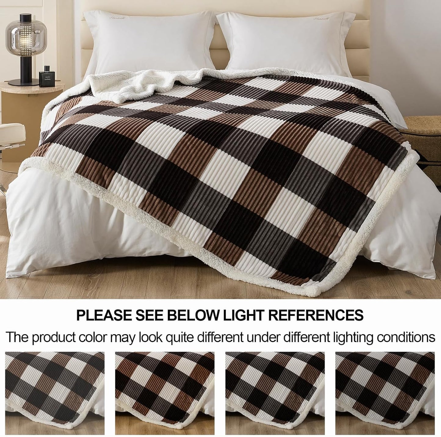 Blanket for Women, Sherpa Throw Blanket for Couch, Flannel Cozy Soft Checkered Blanket for Bed - Fleece, Dark Brown, 60x80 Inches