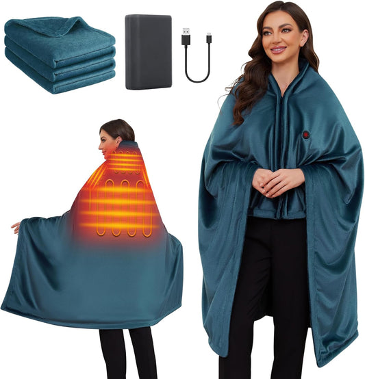 Electric Heated Blanket Battery Operated, Portable Heated Shawl for Neck and Shoulders and Back, Heating Blanket with Zipper and Pockets, 20000mAh, 3 Heating Levels, up to 8 Hours
