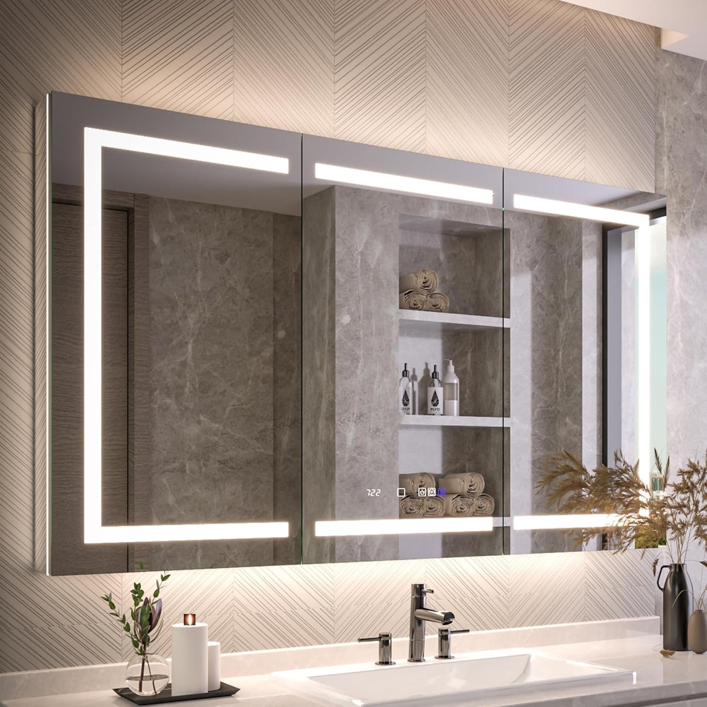 Lighted Medicine Cabinet with Mirror 60"x36" Recessed LED Medicine Cabinet Mirror, Front&Backlit, Anti-Fog, Stepless Dimming, 3-Color Temperatures, Magnifier, 2 Outlets, Storage Shelves, ETL Certified