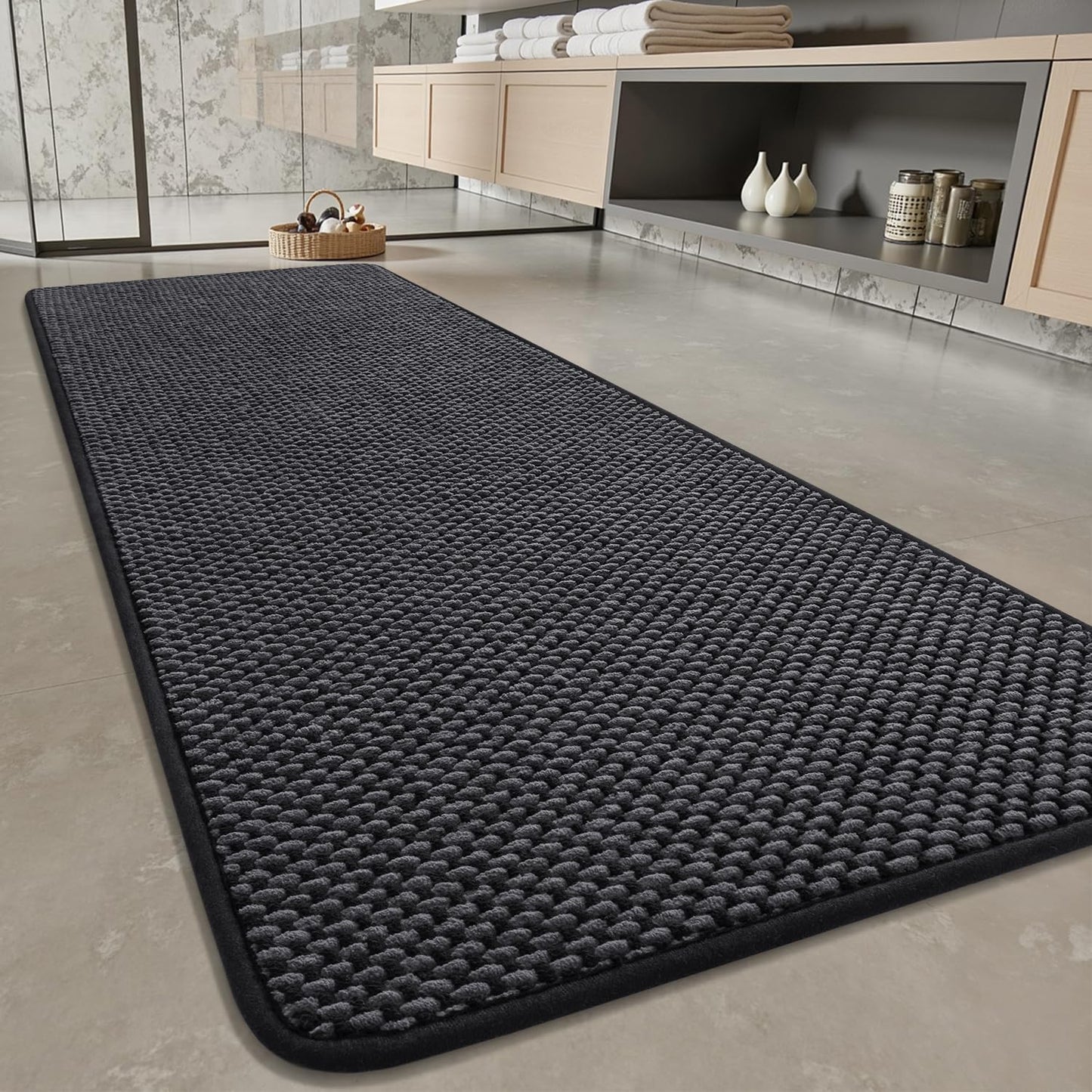 PADOOR-Bath Mat Runner-Super Absorbent Chenille Bathroom Mats-Rubber Backed Bath Mats for Bathroom Non Slip, Easy Clean Bathroom Runner Rugs Front of Bathtub,Shower Room,Sink-17×59