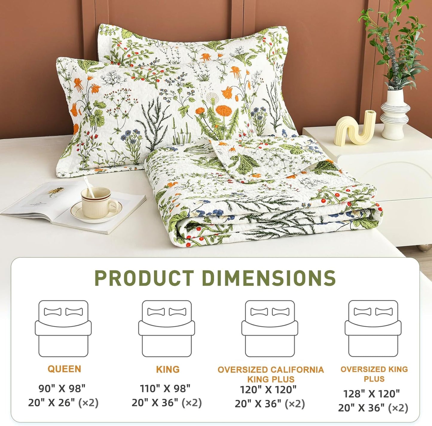 Lady Ann 100% Cotton Floral King Quilt Set - Yellow Flowers & Leaves Pattern Plant Botanical Printed Quilted Bedding, 3 Pcs Lightweight Extra Soft King Bedspread Coverlet Set for All Season