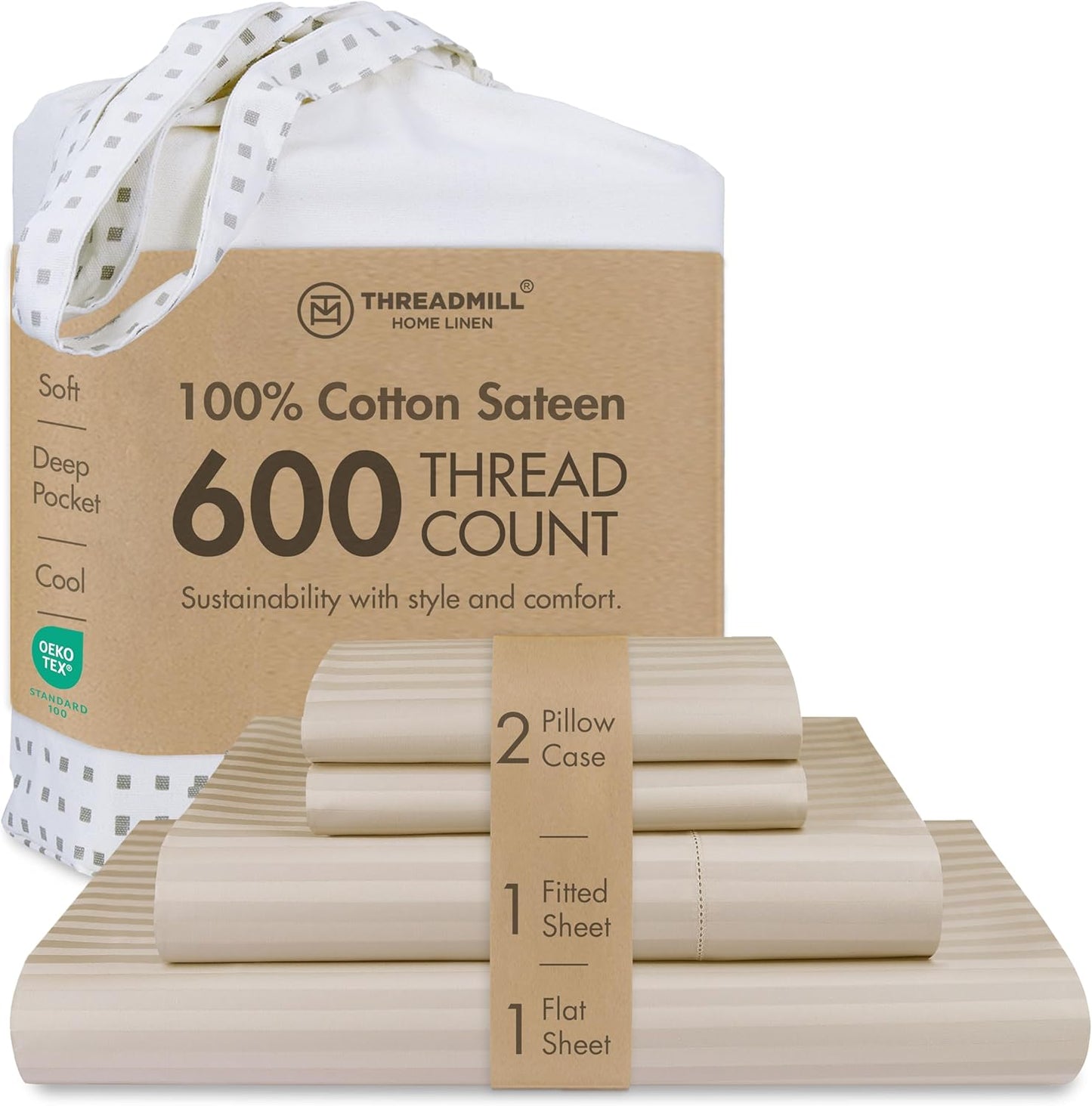 Threadmill 100% Cotton Sheets for Full Size Bed - 600 Thread Count Full Bed Sheets Set with 16” Deep Pocket - Damask Stripe Sateen Weave 4-Piece Bedding Set with Cooling Effect, Beige