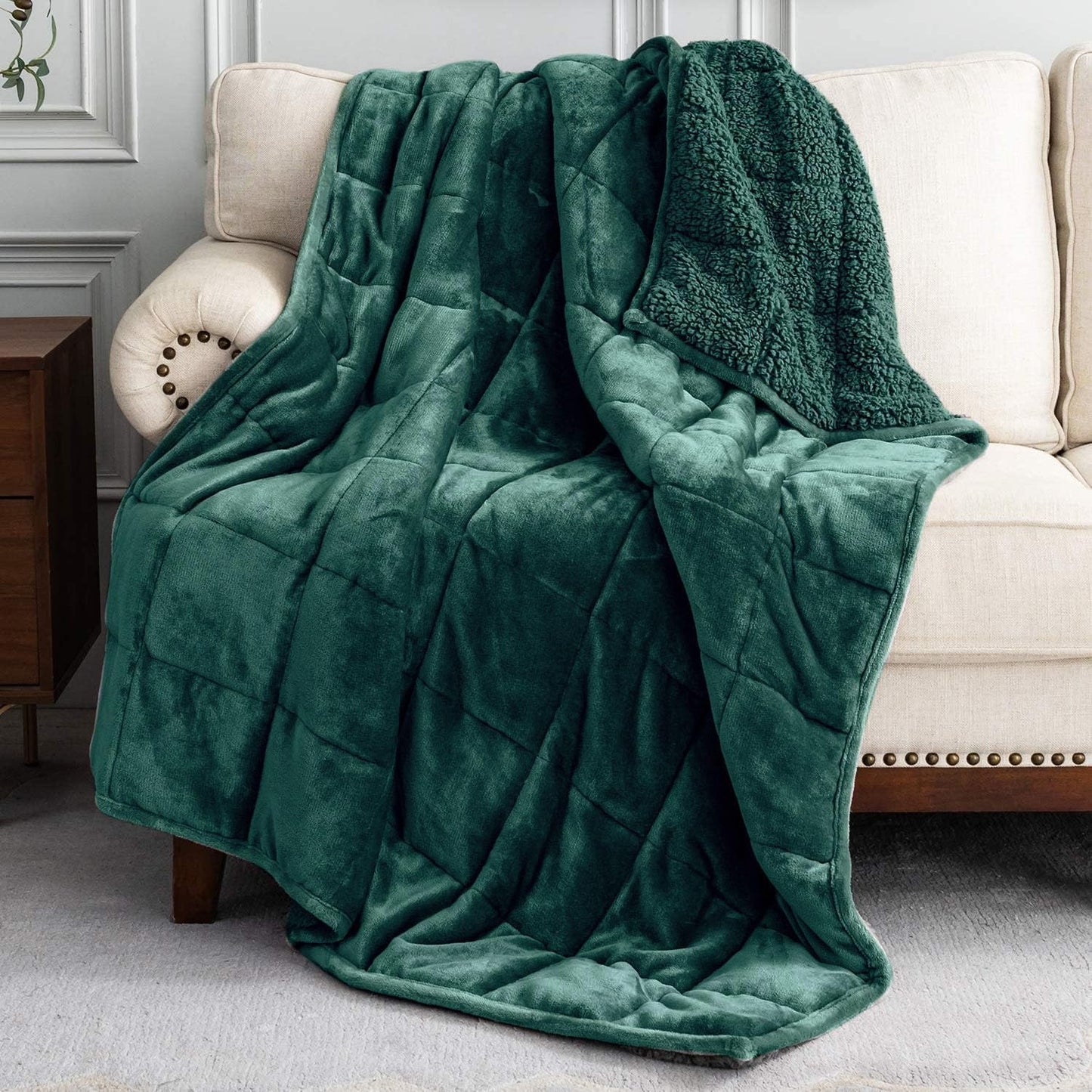 Uttermara Weighted Blanket for Adults, Queen Size Heavy Blanket with Reversible Soft Shiny Velour Fleece and Cozy Warm Sherpa for Couch Bed, Calming and Relaxing, 60 x 80 inches 15 lbs, Green