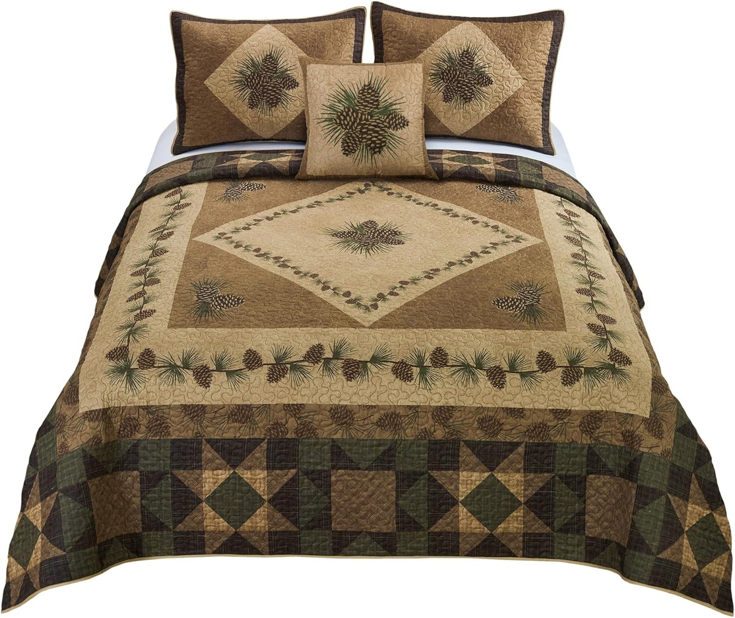 Donna Sharp Queen Polyester Bedding Set - 4 Piece - Antique Pine Lodge Quilt Set with Queen Quilt, Two Standard Pillow Shams and One Decorative Pillow - Machine Washable