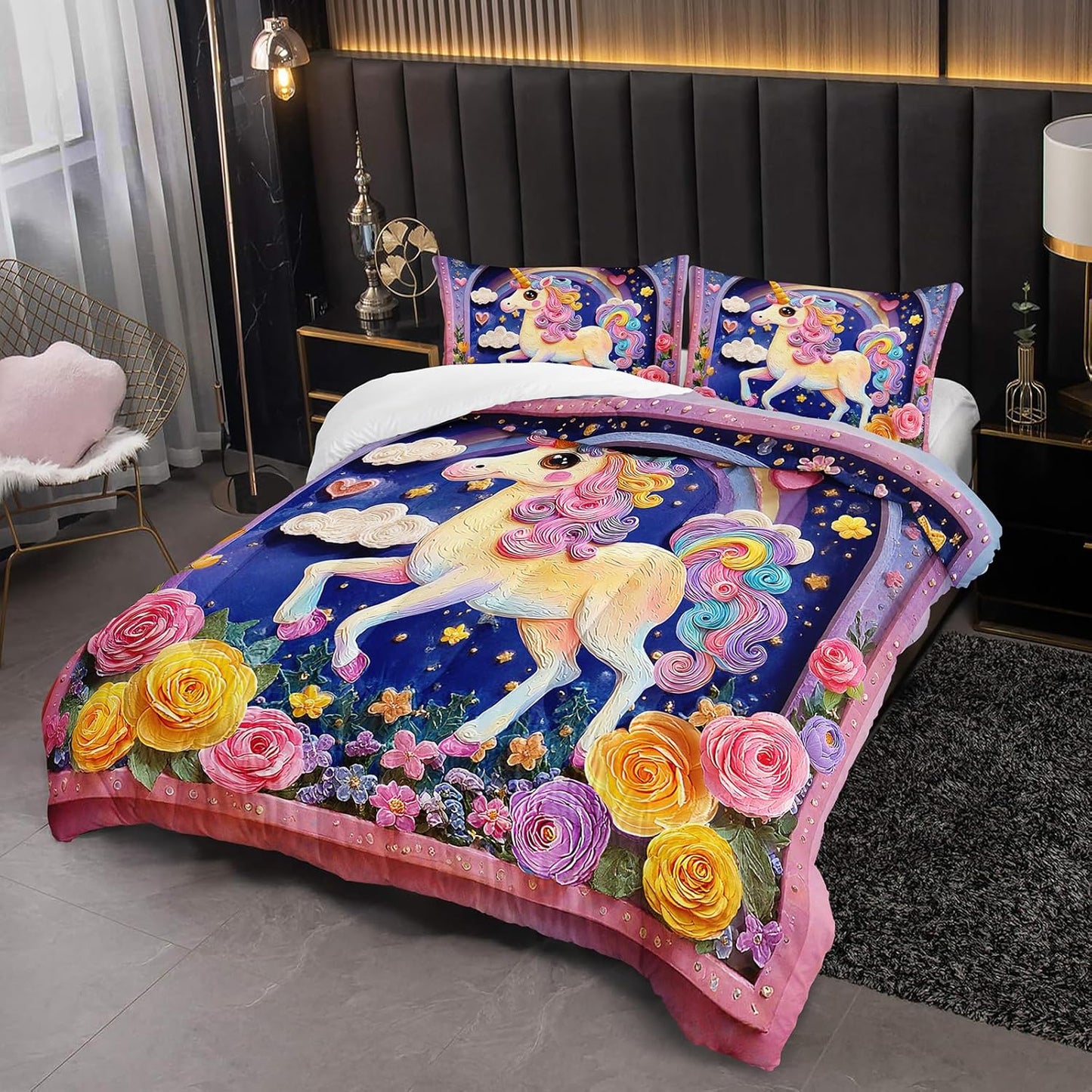 Pink Purple Rainbow Unicorn Flower Comforter Set Full for Kids Girls，Girls Unicorn and Rainbows Bedding Sets Full，with 1 Comforter with 2 Pillow Case，Unicorn Bedroom Decor and Bedding Set