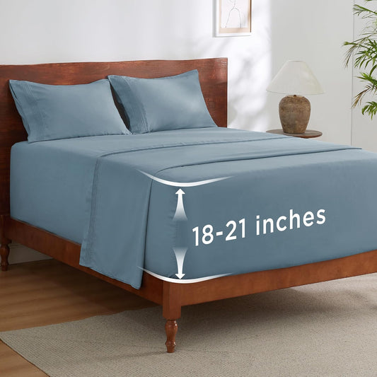 Bedsure Deep Pocket Full Size Bed Sheets Set - Fits Mattresses Up to 21 Inches Thick - 4 Piece GentleSoft Bed Sheets, Moisture Wicking, Cooling Bedsheet & Pillowcases, Easy & Secure Fit, Mineral Blue