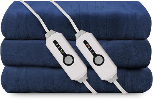 Electric Heated Blanket 90"x100" King Size, Soft Coral Fleece, Dual Controllers with 4 Heating Levels and 10 Hours Auto-Off, Machine Washable, Cozy Plush Fabric for Home, Dark Blue