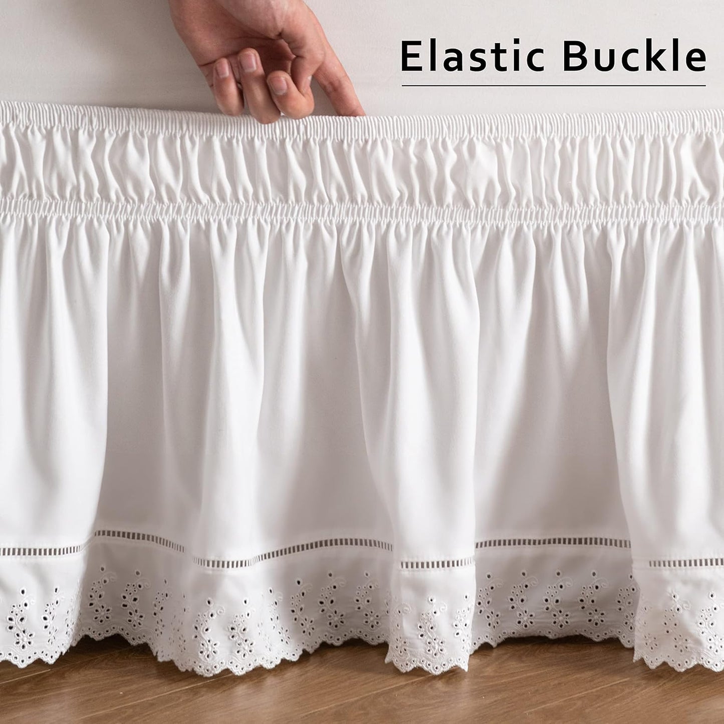 MIYE Wrap Around Ruffled Lace Bed Skirt, Elastic Dust Ruffle with Adjustable Belts,15 Inch Drop Easy to Put On, Bed Frame Cover, Machine Washable (Embroidered, Full/Twin-15)