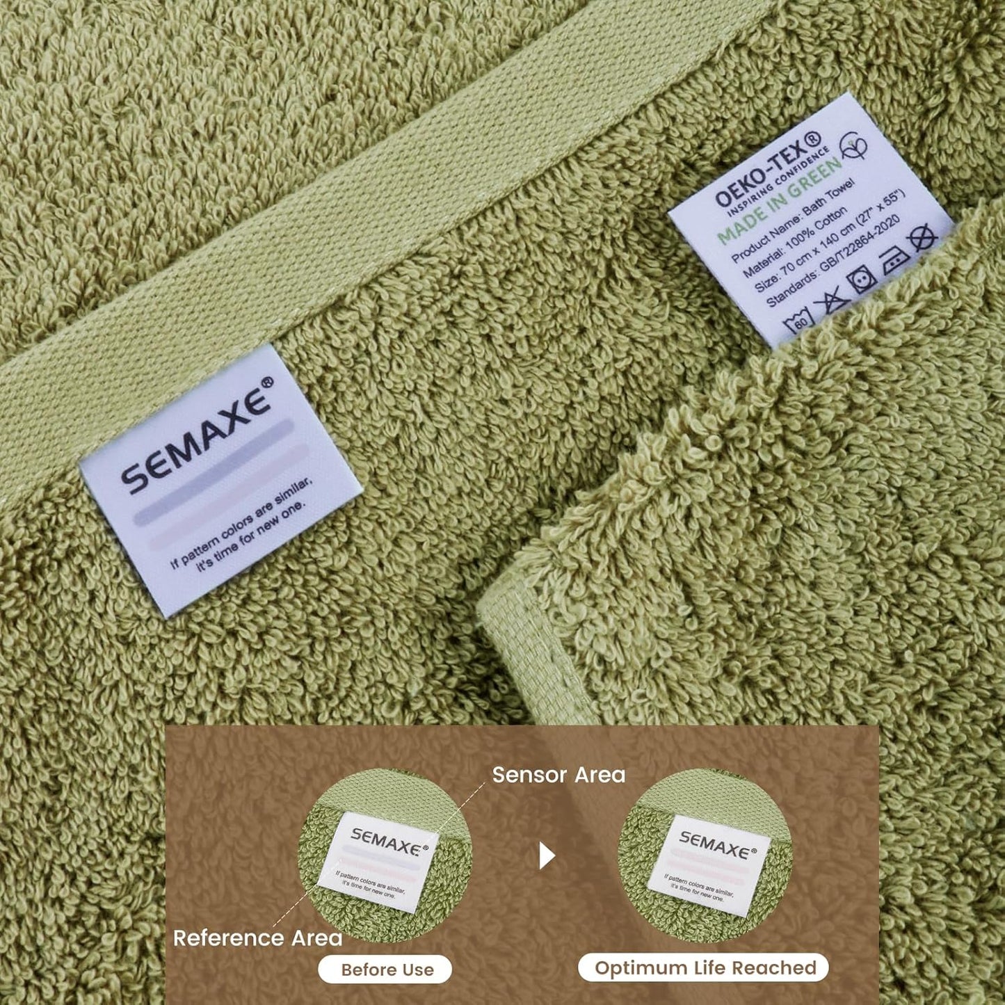 SEMAXE Green Bathroom Towel, 100% Cotton Bath Towel with Hanging Loop and Smart Tag, Hotel & Spa Quality Soft Absorbent Towel, Gift Box Packaging, 1 Pc Bath Towel, 55" L x 27" W