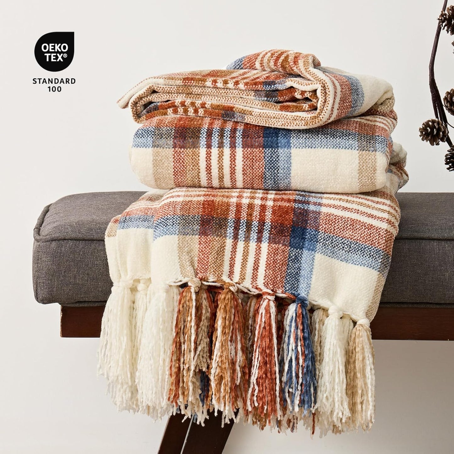 EVERGRACE Plaid Chenille Throw Blanket for Couch, Super Soft Cozy Decorative Fall Throw with Tassels for Bed Sofa Farmhouse Decor, Lightweight Harvest Plaid Throw for Autumn, 50"x60"