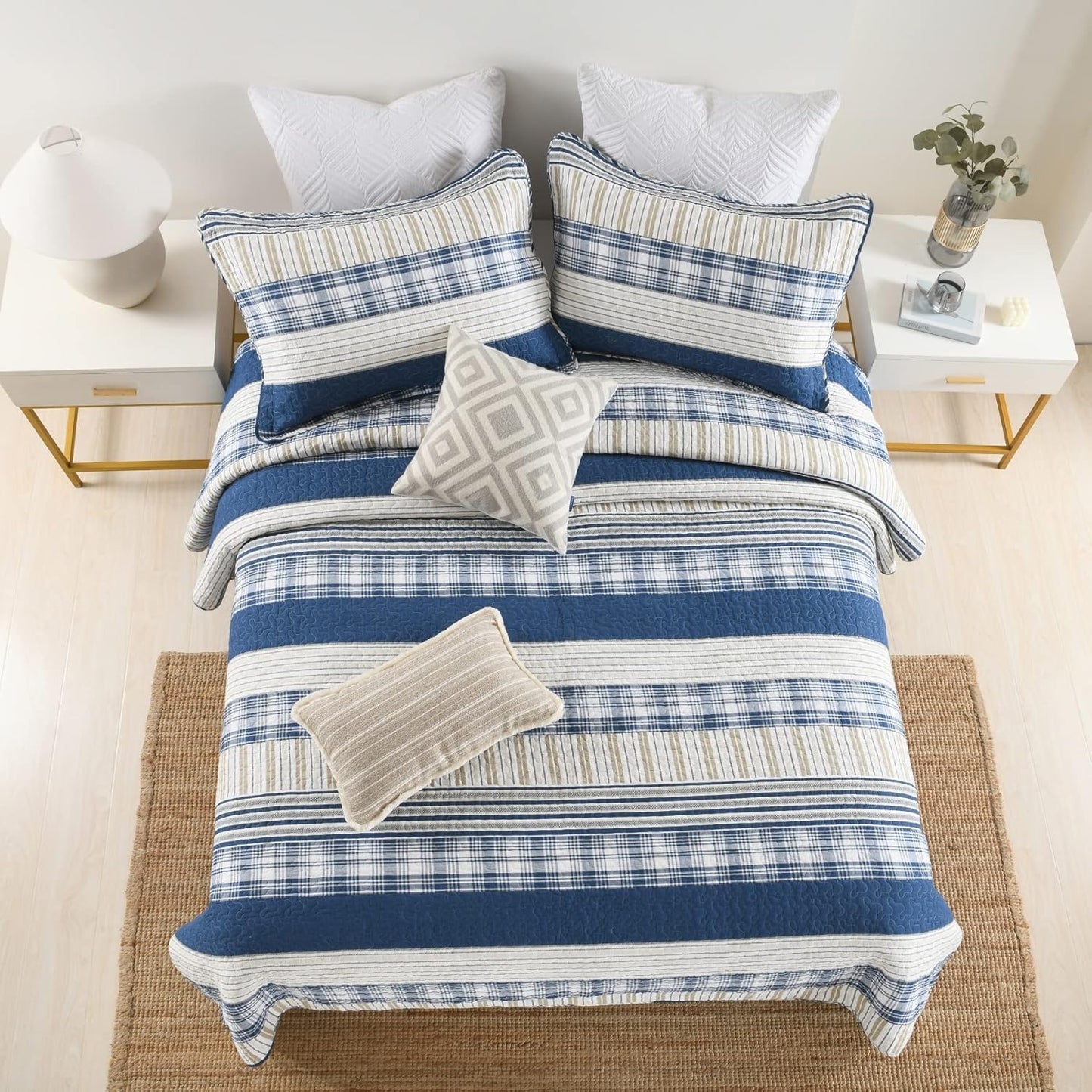 Homzard Twin Comforter- Blue Twin Bedding Sets, Plaid Striped Twin Quilt, Blue White Tan Quilt 100% Cotton, Farmhouse Comforter Bedspread 2 Pieces