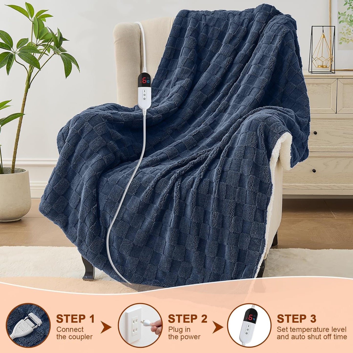 Electric Heated Blanket Queen Size Dual Control - Jacquard Checkered Sherpa 84"x90" Fast Heating Bed Blankets with 6 Heating Levels & 10 Hours Auto Off, Over-Heat Protection ETL, Navy Blue