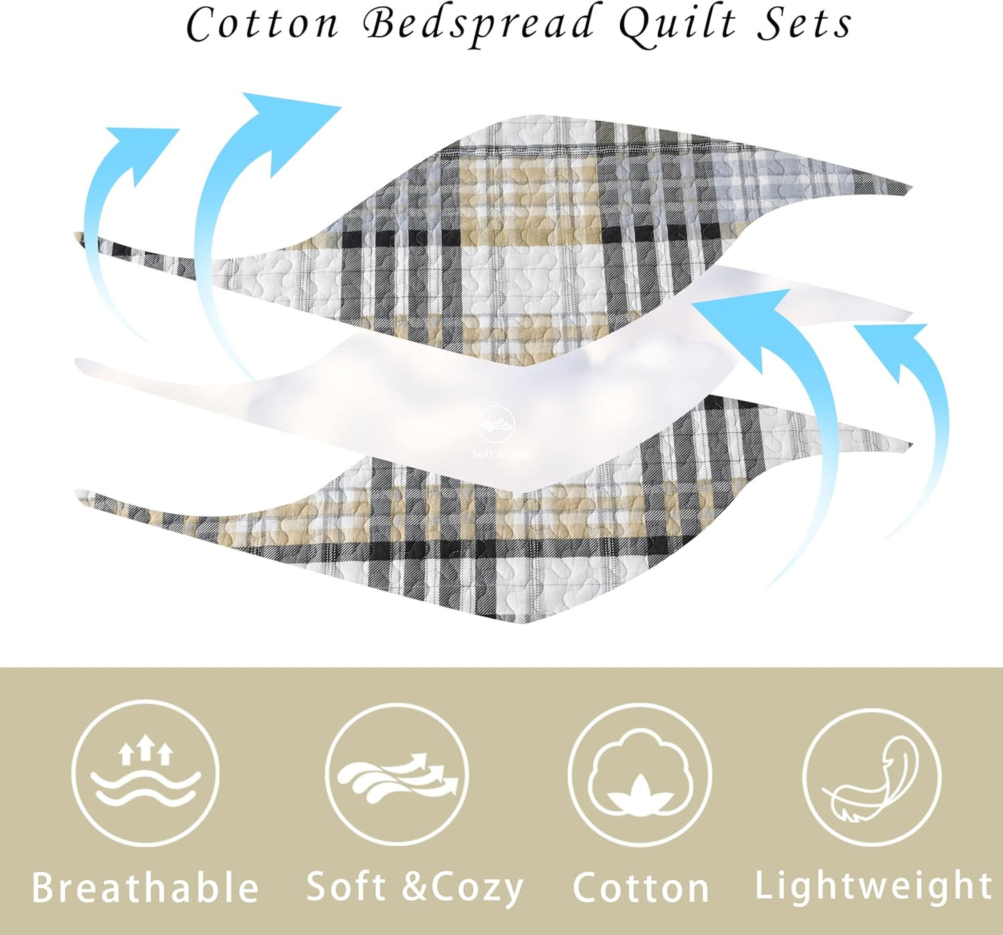 Quilt King Size, Cotton King Size Comforter Set,Grey Brown Black White Bedding Sets, Striped Plaid Bedspread Set, Farmhouse King Size Bed Set Lightweight All Season