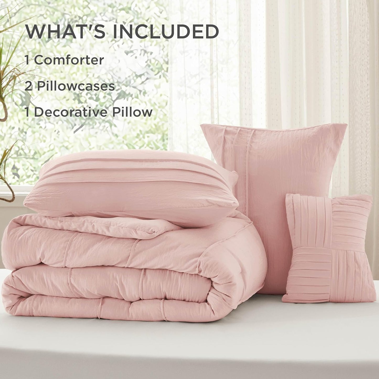 Bedsure Full Comforter Set - 4 Pieces Pinch Pleat Bed Set, Light Pink Boho Bedding for All Season, 1 Soft Comforter, 2 Pillowcases, 1 Decorative Pillow
